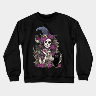 Witch and cat for cute Halloween, purple roses,scary, spooky Crewneck Sweatshirt